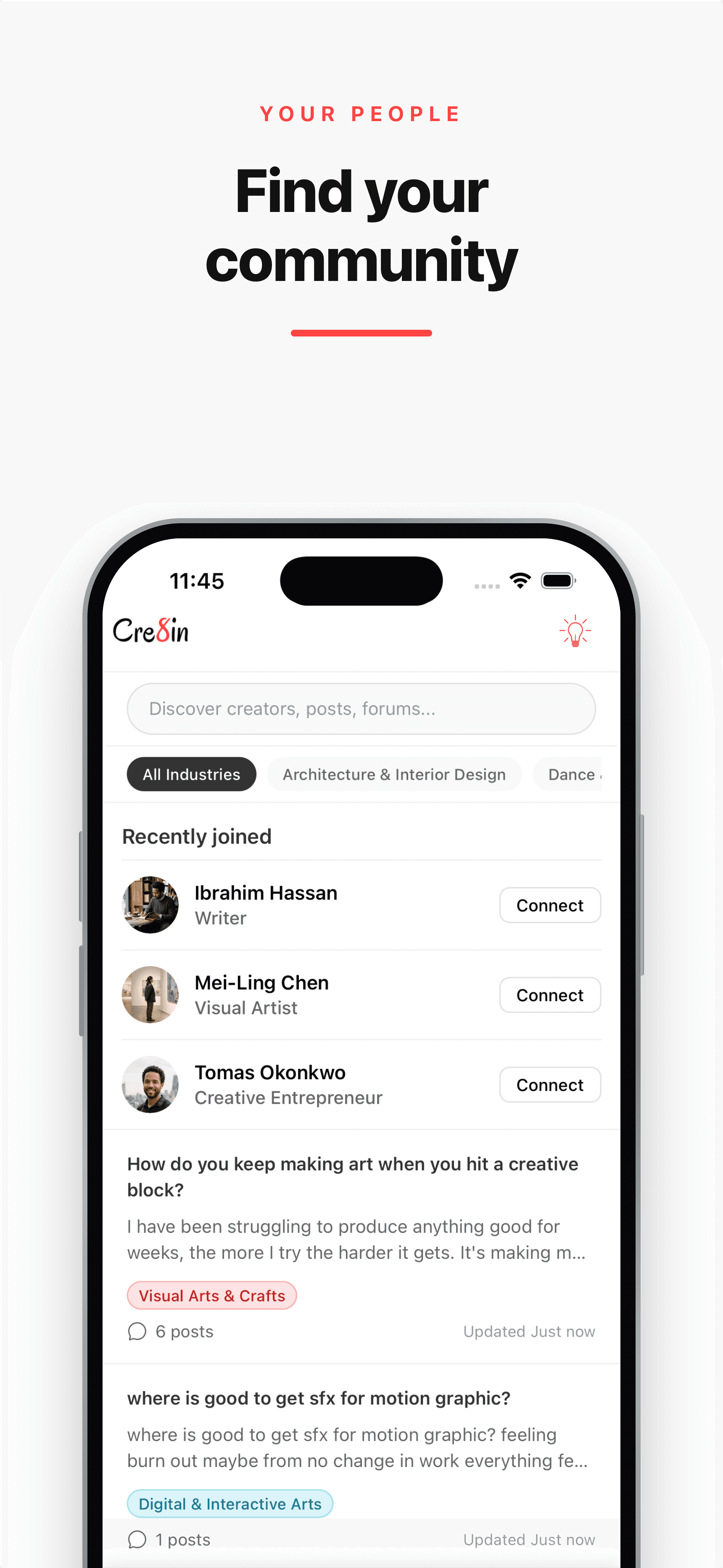 Cre8in explore screen showing recently joined creators and forum discussions to connect with your community